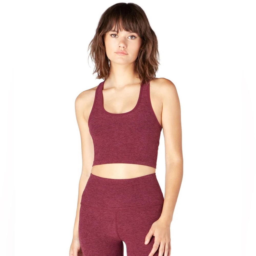 Beyond Yoga Spacedye Slip Open Cropped Yoga Tank in Burgundy